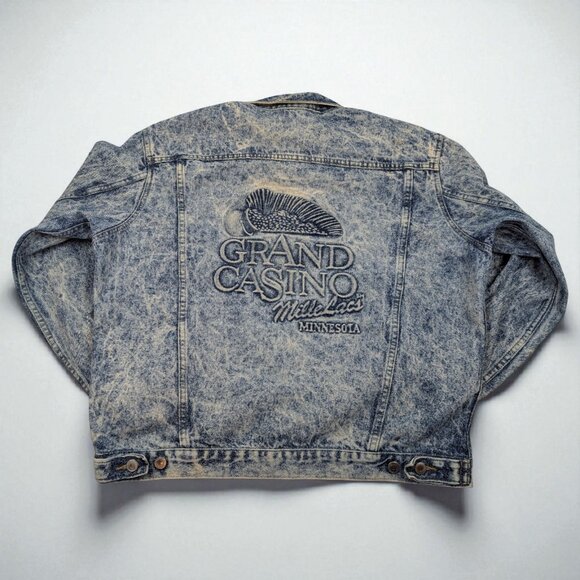 VTG 80s 90s Grand Casino Mille Lacs Denim Trucker Jacket Acid Wash Jean Baggy L - Picture 1 of 12